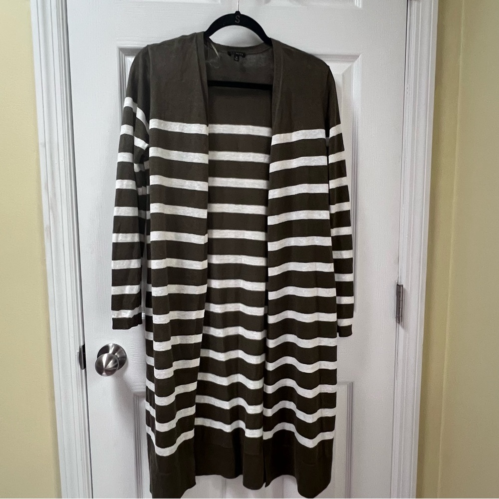 Talbots Linen Knit Cardigan Sweater Open Front Olive Green Cream Stripe Long M